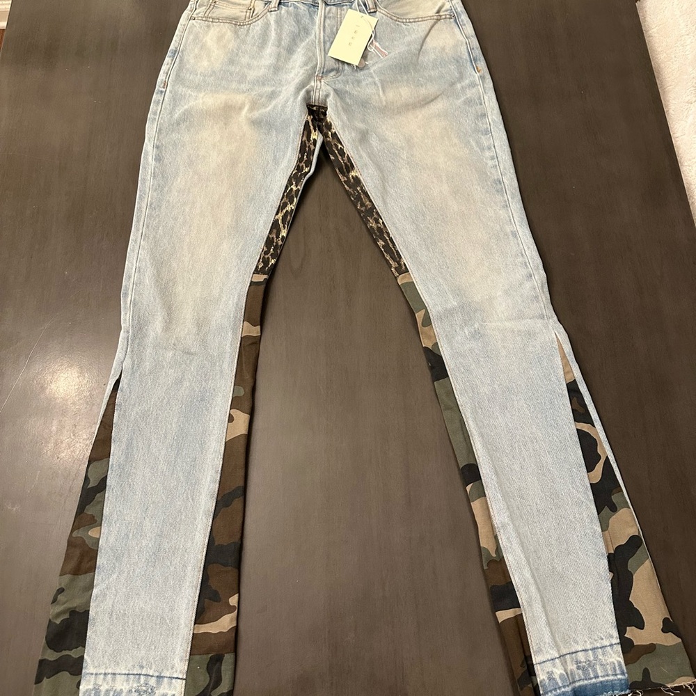 MNML Light Blue and Camouflage Flare Jeans